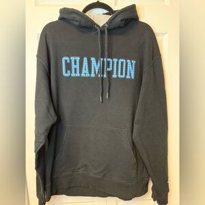 Champion Black Hoodie with Blue Checkered Logo